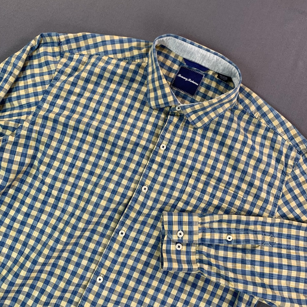 Tommy Bahama Shirt Men 2XL Blue Yellow Gingham Cotton Silk Long Sleeve Button Up